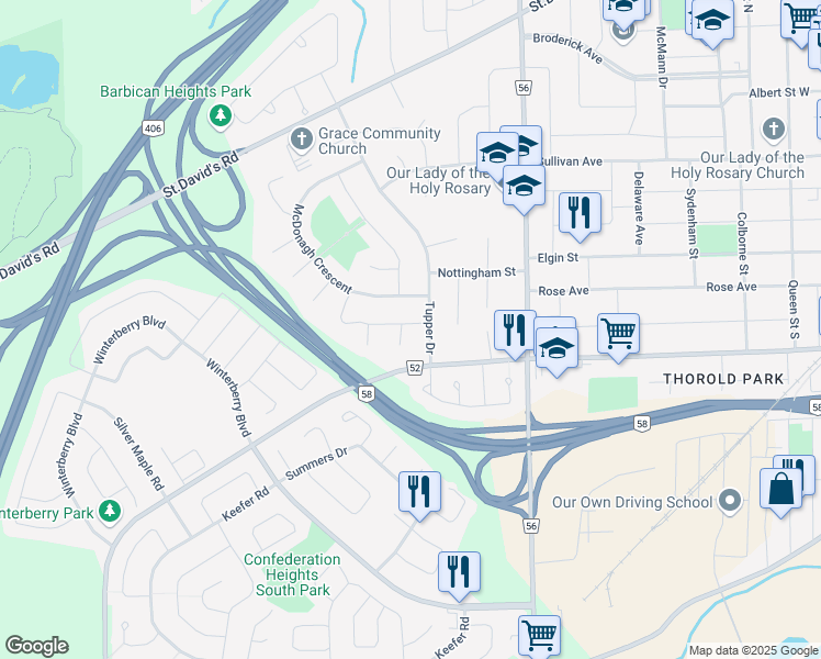 map of restaurants, bars, coffee shops, grocery stores, and more near 2 Baldwin Circle in Thorold
