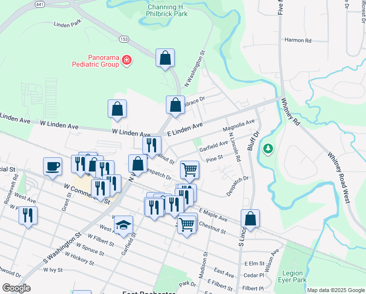 map of restaurants, bars, coffee shops, grocery stores, and more near 212 Garfield Avenue in East Rochester