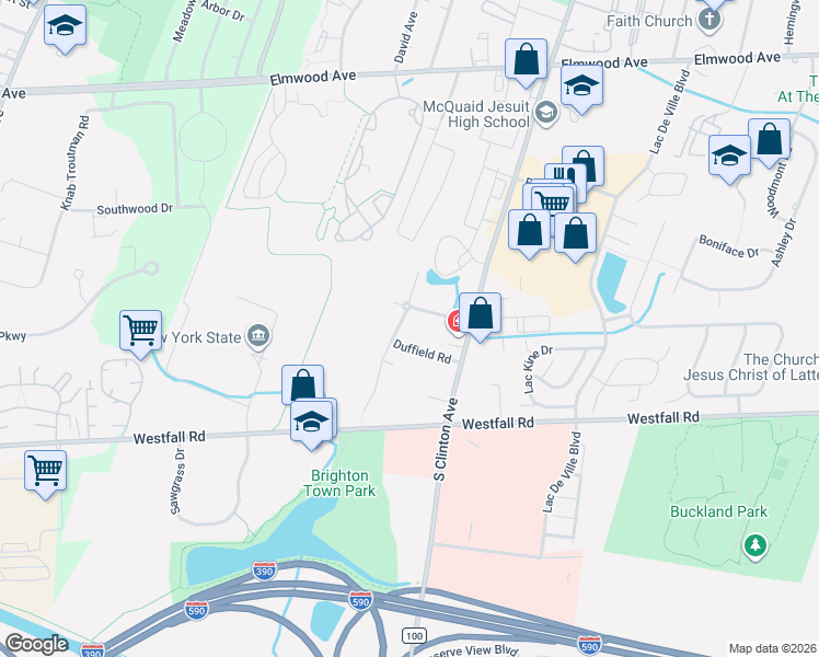map of restaurants, bars, coffee shops, grocery stores, and more near 120 Duffield Road in Rochester