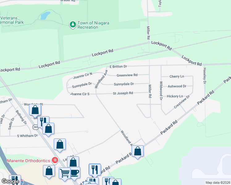 map of restaurants, bars, coffee shops, grocery stores, and more near 7391 Saint Joseph Road in Niagara Falls