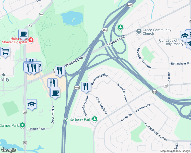 map of restaurants, bars, coffee shops, grocery stores, and more near in Thorold