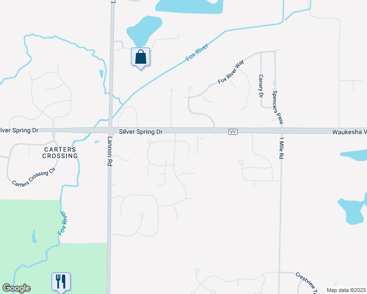 map of restaurants, bars, coffee shops, grocery stores, and more near N56W19781 Silver Spring Drive in Menomonee Falls