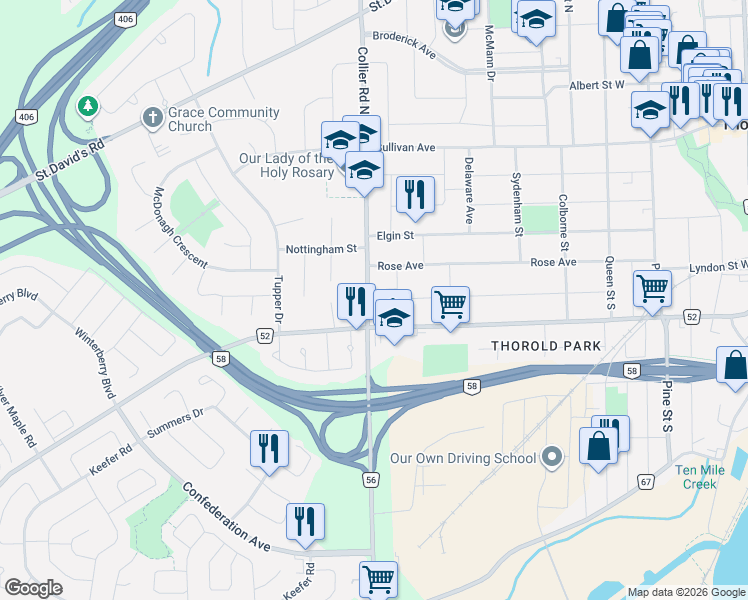map of restaurants, bars, coffee shops, grocery stores, and more near 116 Collier Road South in Thorold