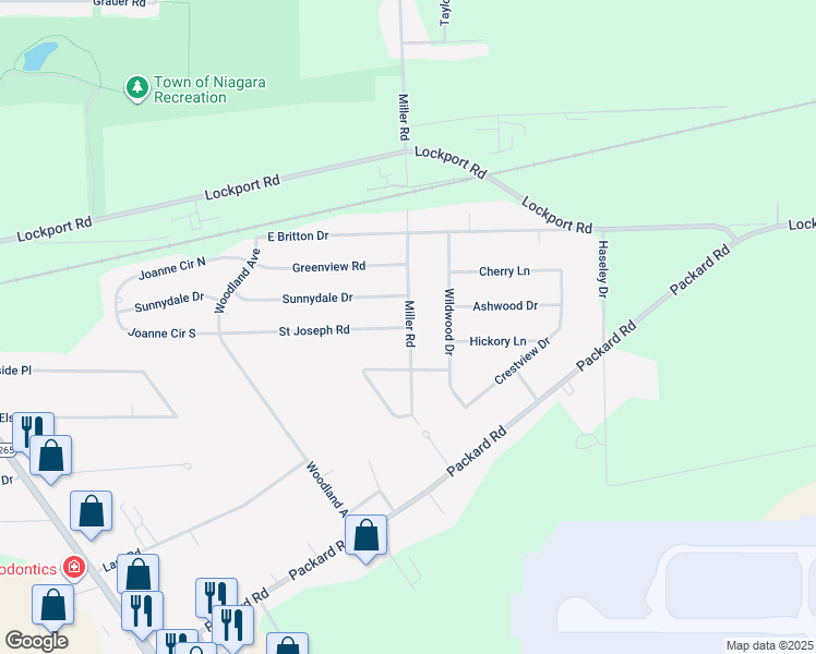 map of restaurants, bars, coffee shops, grocery stores, and more near 7714 Saint Joseph Road in Niagara Falls