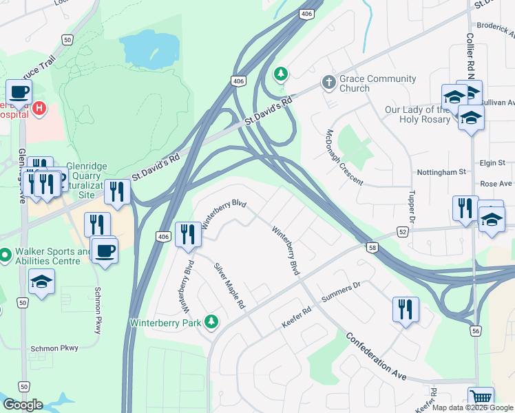 map of restaurants, bars, coffee shops, grocery stores, and more near 126 Winterberry Boulevard in Thorold