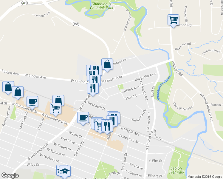 map of restaurants, bars, coffee shops, grocery stores, and more near 214 Magnolia Avenue in East Rochester