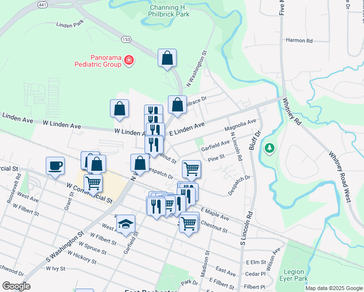 map of restaurants, bars, coffee shops, grocery stores, and more near 210 Magnolia Avenue in East Rochester