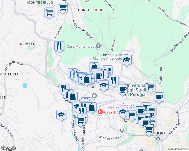 map of restaurants, bars, coffee shops, grocery stores, and more near 22-32 Via Degli Olivi in Perugia