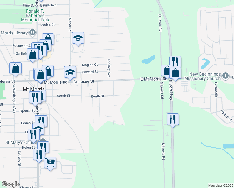 map of restaurants, bars, coffee shops, grocery stores, and more near 7450 Brockway Street in Mount Morris