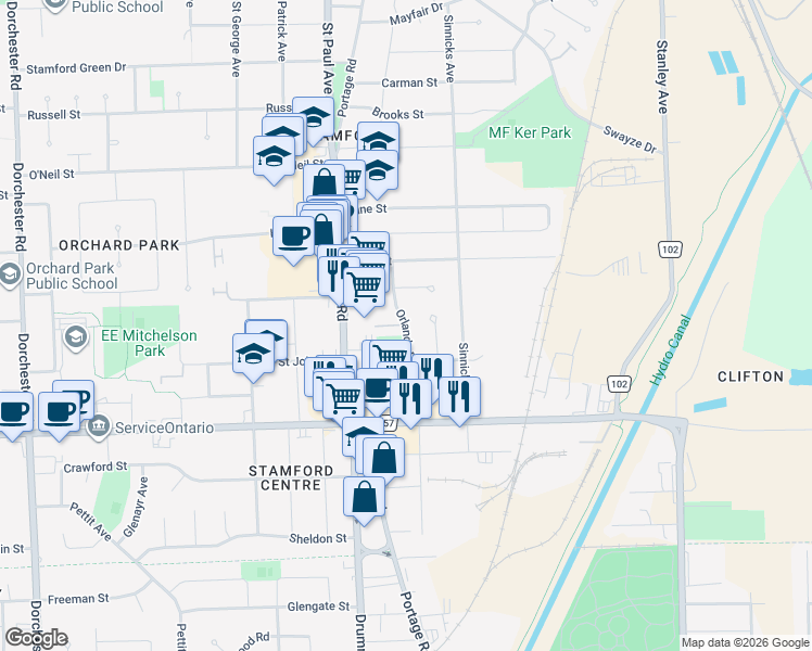map of restaurants, bars, coffee shops, grocery stores, and more near Orlando Drive in Niagara Falls