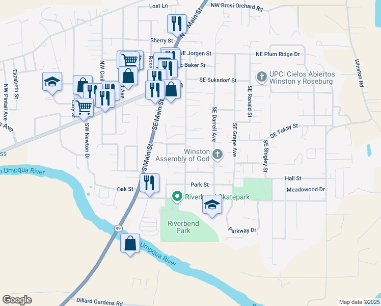 map of restaurants, bars, coffee shops, grocery stores, and more near 370 SE Gregory Dr in Winston