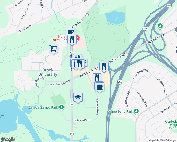 map of restaurants, bars, coffee shops, grocery stores, and more near Sir Isaac Brock Way in Saint Catharines