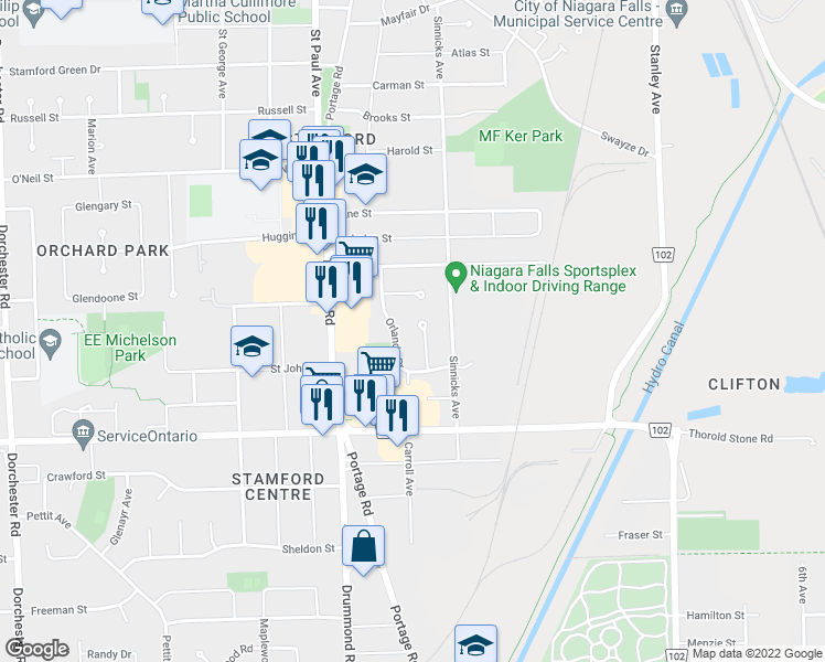 map of restaurants, bars, coffee shops, grocery stores, and more near 3799 Panama Court in Niagara Falls