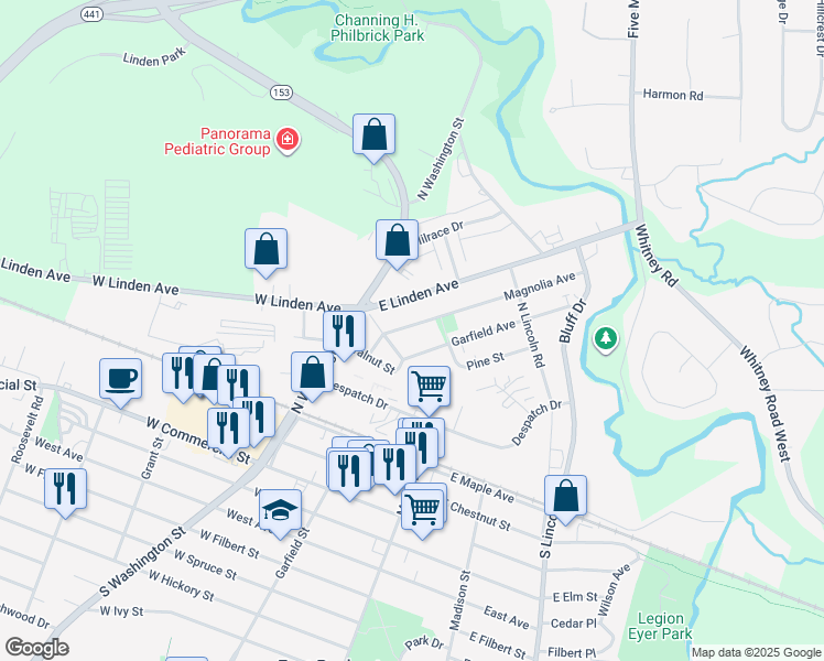 map of restaurants, bars, coffee shops, grocery stores, and more near 212 Garfield Avenue in East Rochester