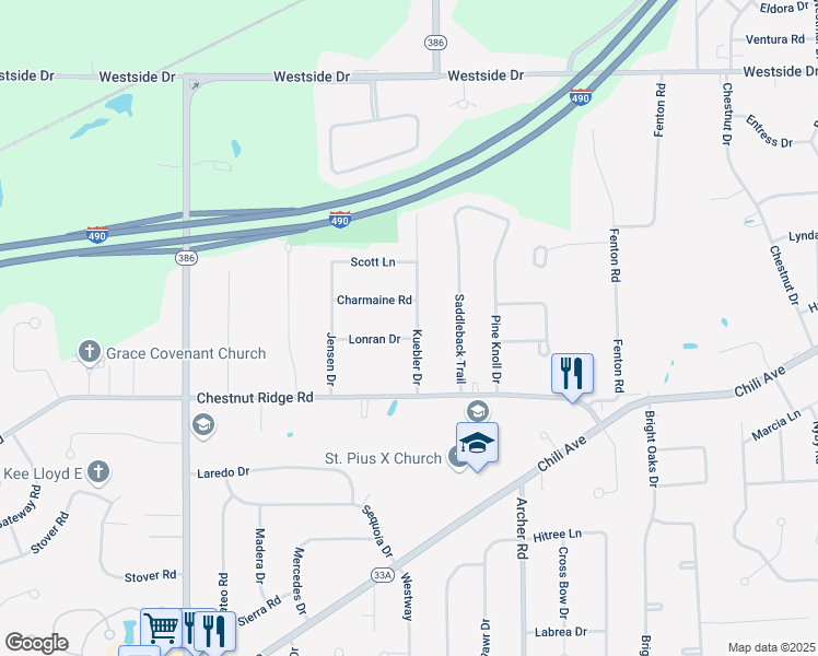 map of restaurants, bars, coffee shops, grocery stores, and more near 17 Lonran Drive in Rochester