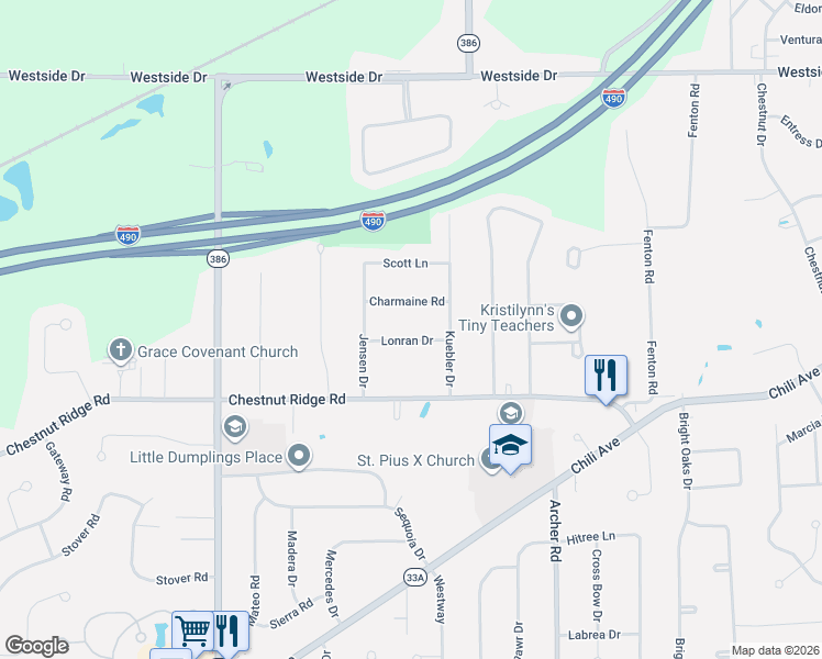 map of restaurants, bars, coffee shops, grocery stores, and more near 17 Lonran Drive in Rochester