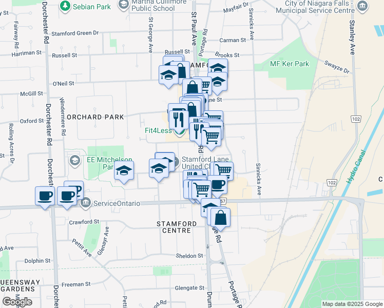 map of restaurants, bars, coffee shops, grocery stores, and more near 6249 Saint John Street in Niagara Falls