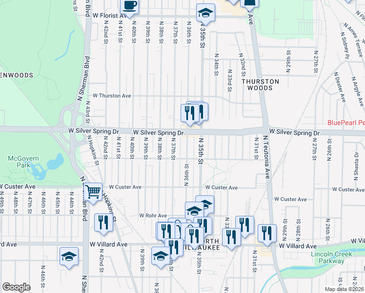 map of restaurants, bars, coffee shops, grocery stores, and more near 5476 North 37th Street in Milwaukee
