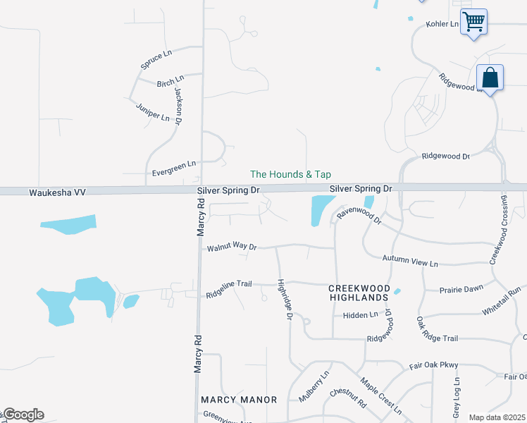 map of restaurants, bars, coffee shops, grocery stores, and more near N54W17640 Walnut Way Drive in Menomonee Falls