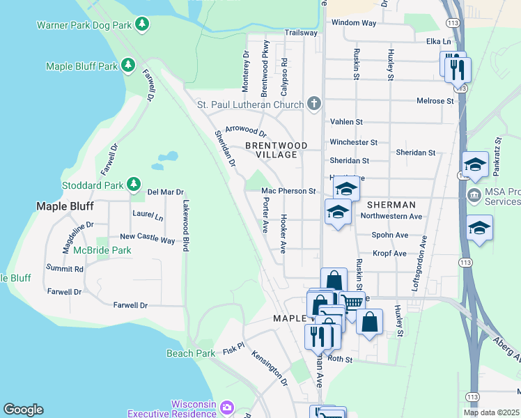 map of restaurants, bars, coffee shops, grocery stores, and more near 1609 Porter Avenue in Madison