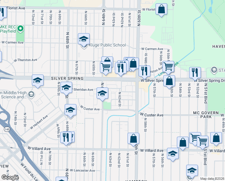 map of restaurants, bars, coffee shops, grocery stores, and more near 5460 North 64th Street in Milwaukee