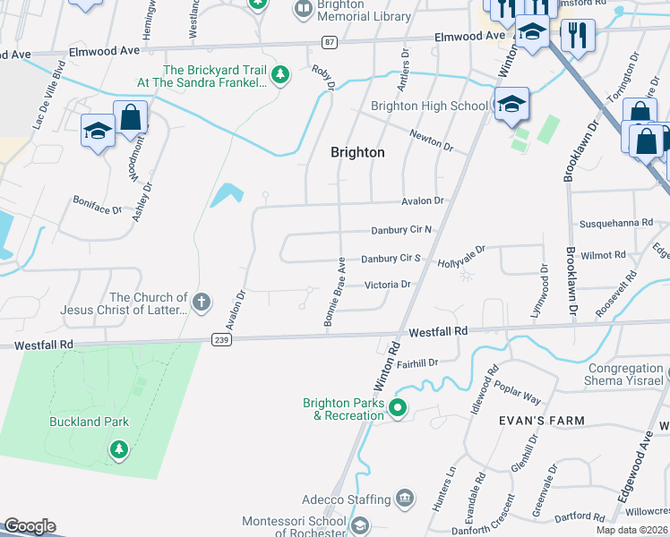 map of restaurants, bars, coffee shops, grocery stores, and more near 121 Victoria Drive in Rochester
