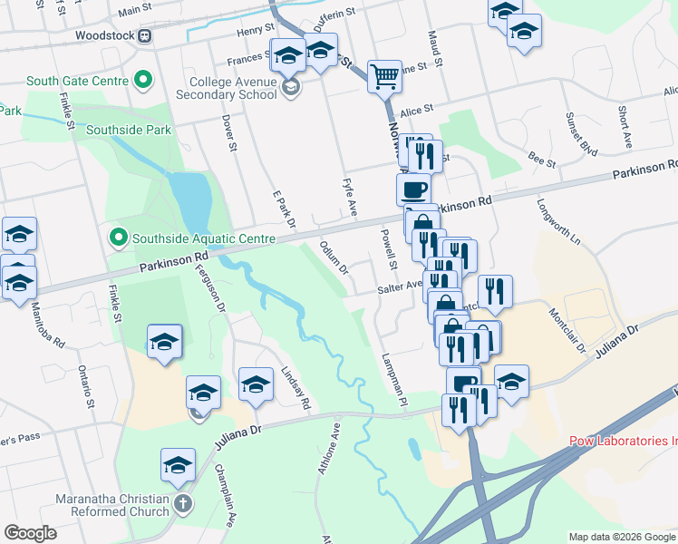 map of restaurants, bars, coffee shops, grocery stores, and more near 400 Odlum Drive in Woodstock