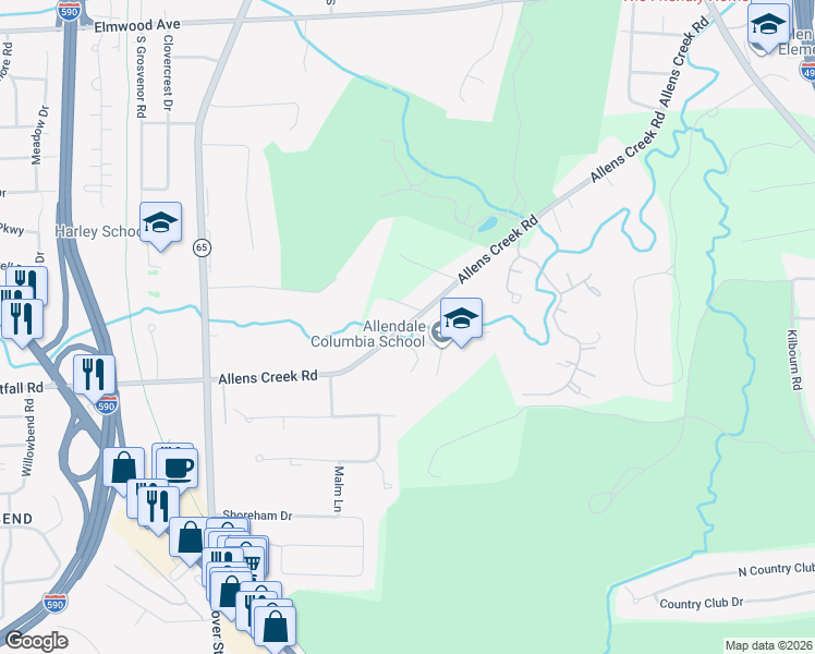 map of restaurants, bars, coffee shops, grocery stores, and more near 519 Allens Creek Road in Rochester