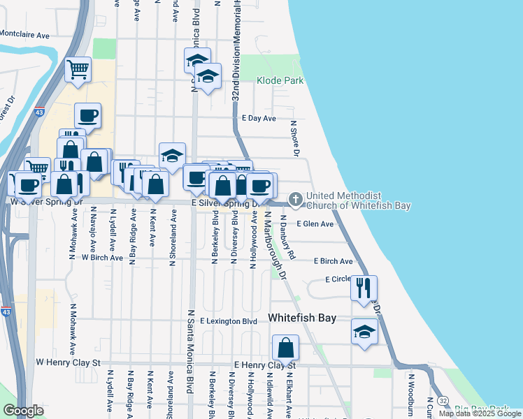 map of restaurants, bars, coffee shops, grocery stores, and more near 5550 North Hollywood Avenue in Whitefish Bay