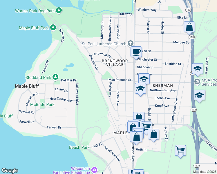 map of restaurants, bars, coffee shops, grocery stores, and more near 1609 Porter Avenue in Madison