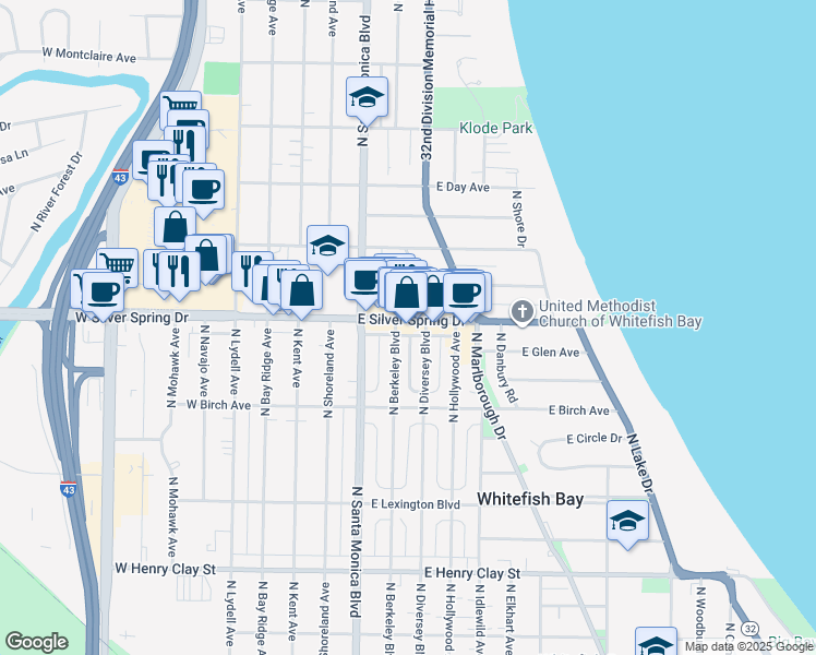 map of restaurants, bars, coffee shops, grocery stores, and more near 409 East Silver Spring Drive in Whitefish Bay