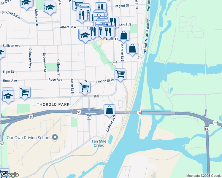 map of restaurants, bars, coffee shops, grocery stores, and more near 32 Cleveland Street in Thorold
