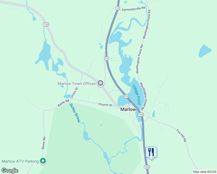 map of restaurants, bars, coffee shops, grocery stores, and more near 158 New Hampshire 123 in Marlow