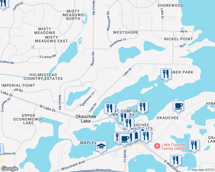 map of restaurants, bars, coffee shops, grocery stores, and more near W351N5451 Lake Drive in Oconomowoc