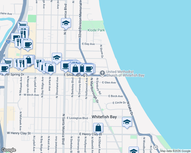 map of restaurants, bars, coffee shops, grocery stores, and more near 707 East Beaumont Avenue in Whitefish Bay