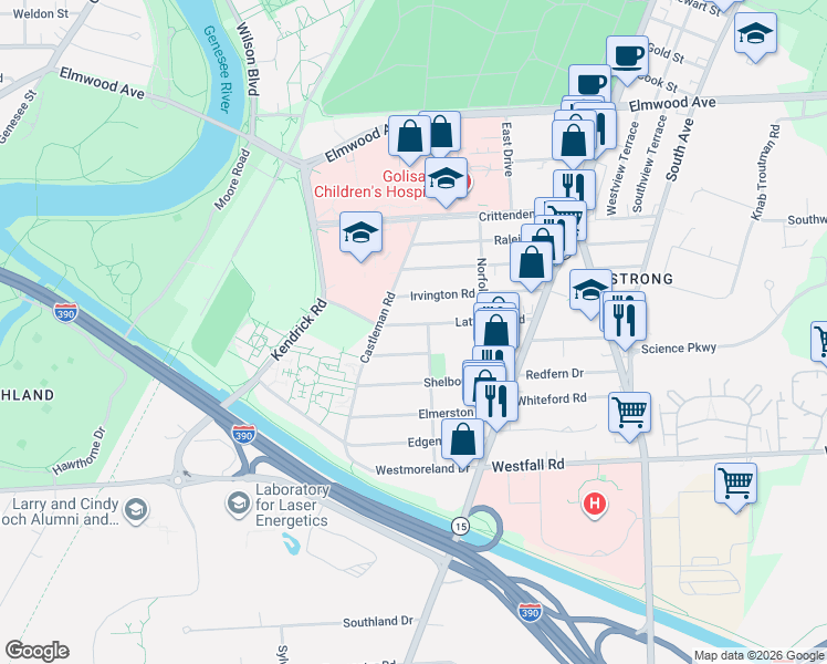 map of restaurants, bars, coffee shops, grocery stores, and more near 175 Irvington Road in Rochester