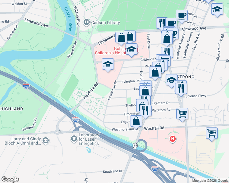 map of restaurants, bars, coffee shops, grocery stores, and more near 126 Castleman Road in Rochester