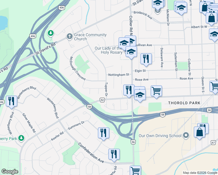 map of restaurants, bars, coffee shops, grocery stores, and more near in Thorold