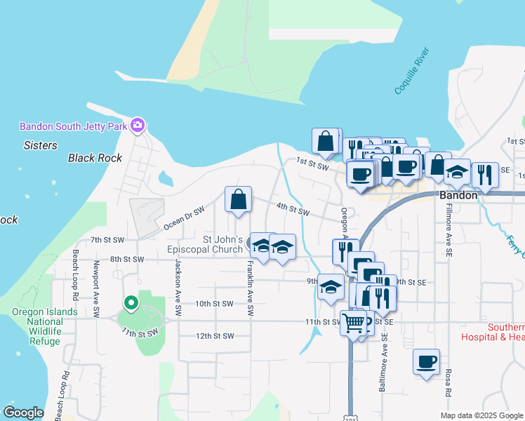 map of restaurants, bars, coffee shops, grocery stores, and more near 417 Franklin Avenue Southwest in Bandon
