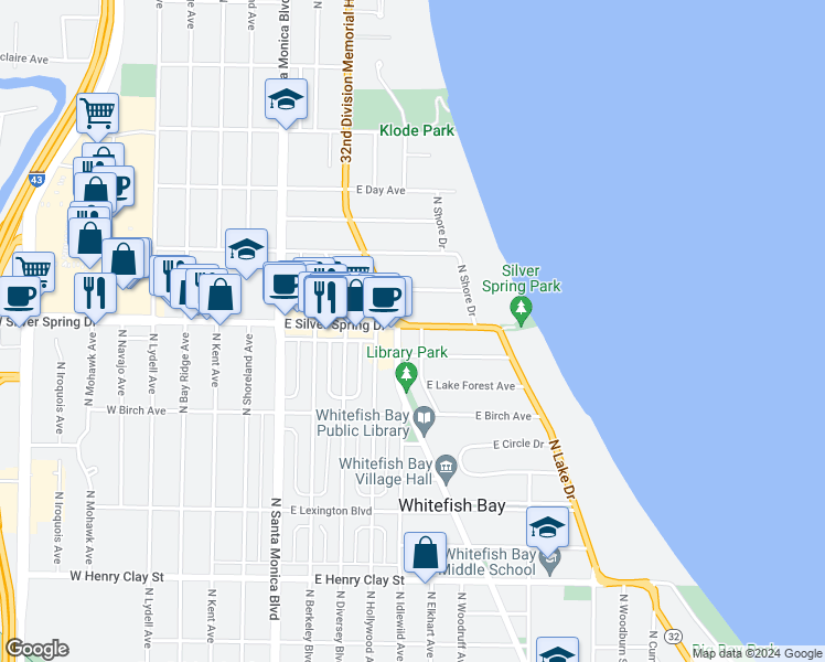 map of restaurants, bars, coffee shops, grocery stores, and more near 707 East Beaumont Avenue in Whitefish Bay