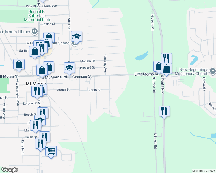 map of restaurants, bars, coffee shops, grocery stores, and more near 1280 East Mount Morris Road in Mount Morris