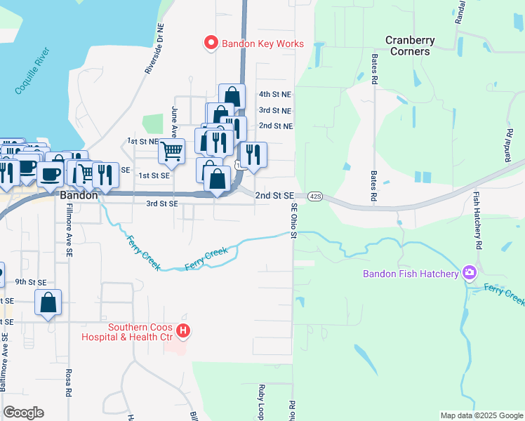 map of restaurants, bars, coffee shops, grocery stores, and more near 1110 2nd Street Southeast in Bandon