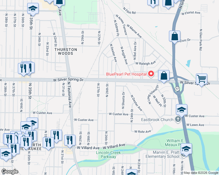 map of restaurants, bars, coffee shops, grocery stores, and more near 2525 West Silver Spring Drive in Milwaukee