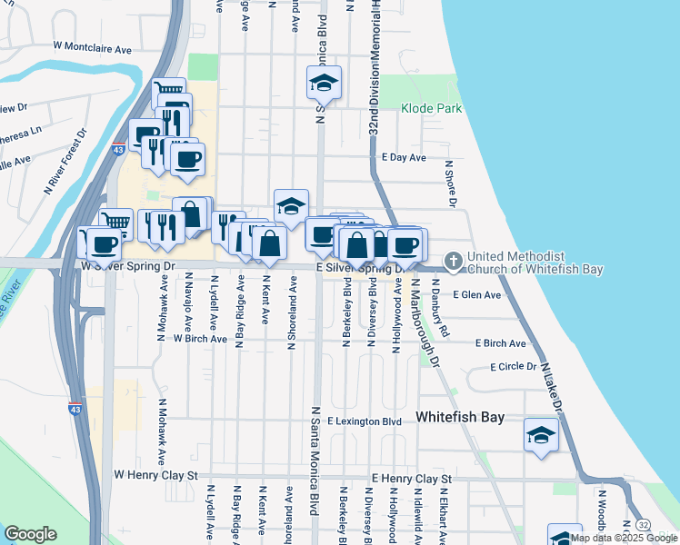 map of restaurants, bars, coffee shops, grocery stores, and more near 325 East Silver Spring Drive in Whitefish Bay