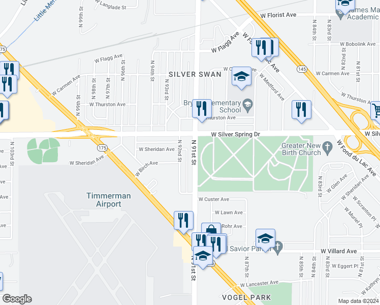 map of restaurants, bars, coffee shops, grocery stores, and more near 5523 North 91st Street in Milwaukee