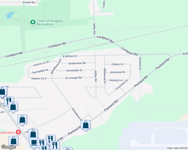 map of restaurants, bars, coffee shops, grocery stores, and more near 7714 Sunnydale Drive in Niagara Falls