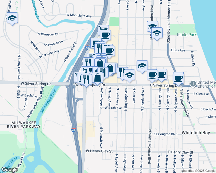 map of restaurants, bars, coffee shops, grocery stores, and more near 5610 North Bayshore Drive in Glendale