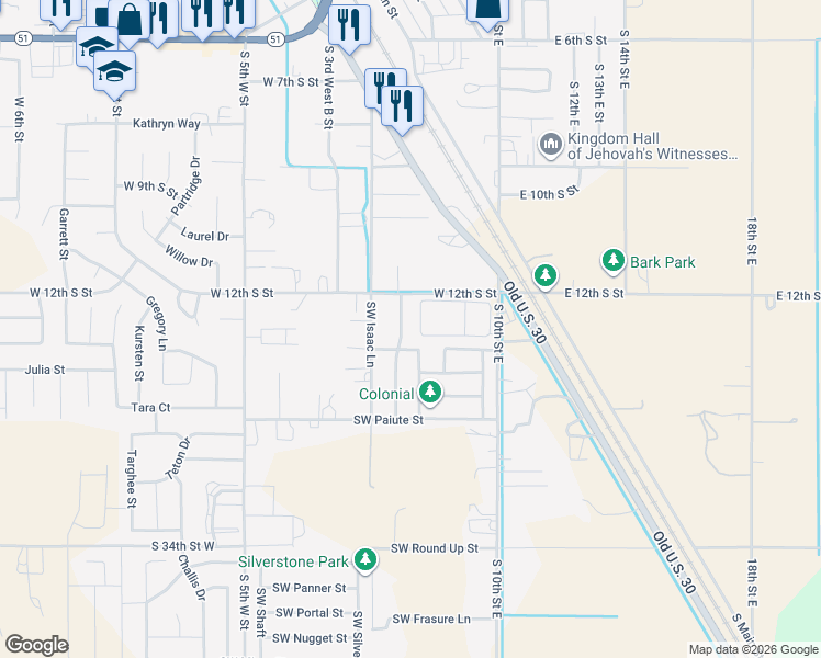 map of restaurants, bars, coffee shops, grocery stores, and more near 840 Southwest Independence in Mountain Home