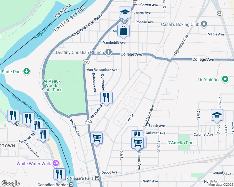 map of restaurants, bars, coffee shops, grocery stores, and more near 2992 McKoon Avenue in Niagara Falls