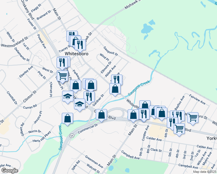 map of restaurants, bars, coffee shops, grocery stores, and more near 32 Main Street in Whitesboro